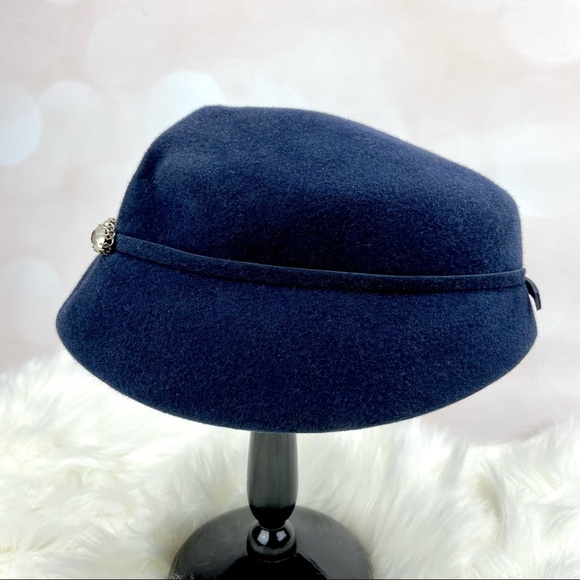 VINTAGE Swingin 60s GoGo Girl Rhinestone Cabby Cap Deep Blue Felt Hat Mod - Picture 4 of 6